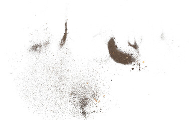 Dirt, soil pile flying isolated on white background