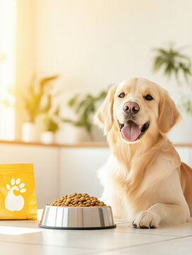 Happy golden retriever sitting by food bowl in bright kitchen.