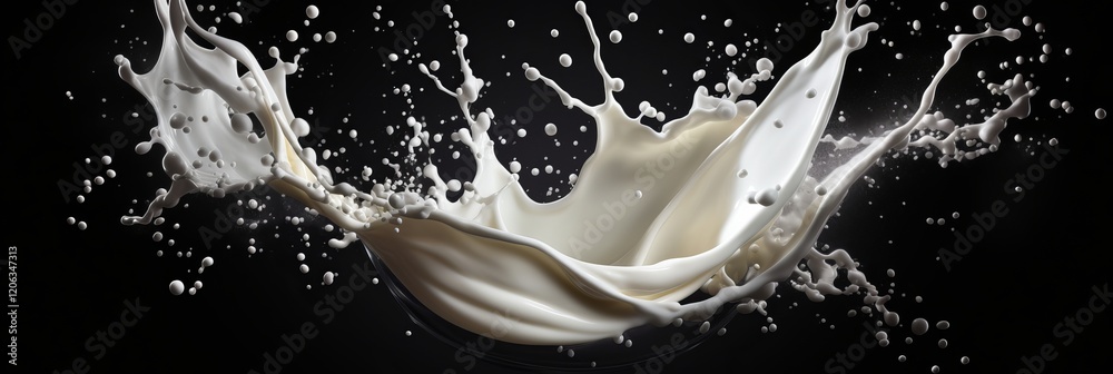Poster creating a mesmerizing splash of milk against a dark backdrop in a dynamic moment. generative ai
