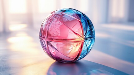 A vivid 3D sphere composed of layered pink and blue geometric shapes, capturing light beautifully, showcasing an artistic modern design.