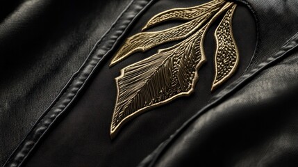 Fototapeta premium Golden Leaf Embroidery on Black Fabric Garment