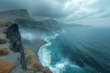 Coastal cliffs under a cloudy sky with crashing waves in a remote location