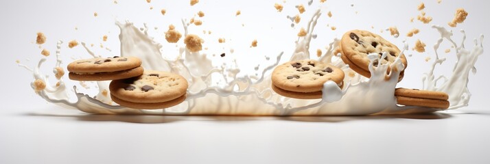 Delicious cookies flying through a splash of milk in a vibrant setting. Generative AI