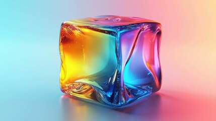 An artistic 3D cube made of glass, reflecting vibrant colors of yellow, blue, and pink, showcasing modern geometric design.