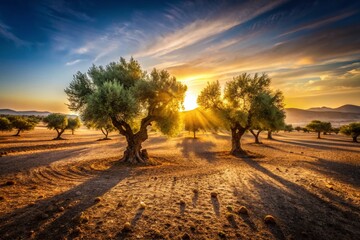 Naklejka premium Silhouette of Scattered Olive Trees on Arid Moroccan Plain at Sunset