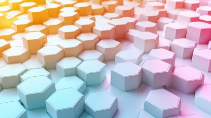 This image features an abstract view of vibrant, layered hexagonal shapes, displaying a modern artistic style in vibrant colors.