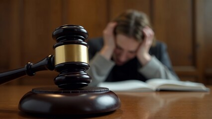 Close up of judge's gavel on desk, with lawyer or attorney meeting with group of angry complaining clients in background, giving legal consultation, helping with problem in court. Law services concept
