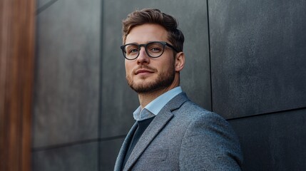 Fototapeta premium Confident businessman leaning against wall, wearing glasses and suit