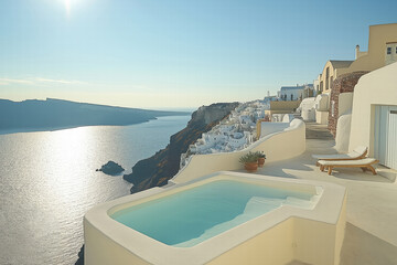 Obraz premium Breathtaking view of a Santorini pool overlooking the serene Aegean Sea in early evening light
