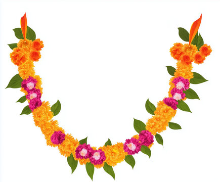 Indian flower garland mala for wedding ceremony. Traditional decoration for couple. Isolated on white vector illustration
