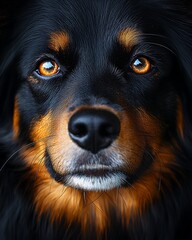 Fototapeta premium portrait of a dog with rich, detailed fur in shades of brown, black, white, or gray, displayed in close-up against a black background that highlights every layer of fur