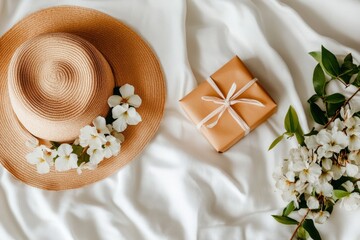 A sun hat adorned with floral decorations rests on a beach towel beside a small gift for Women's Day, celebrating femininity on 8 March