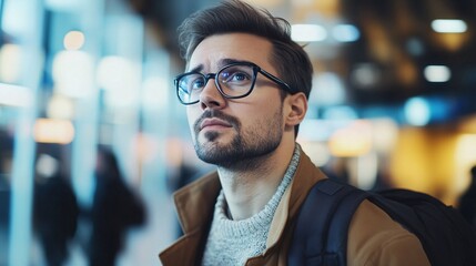 Obraz premium Young man wearing glasses and backpack looking up in airport