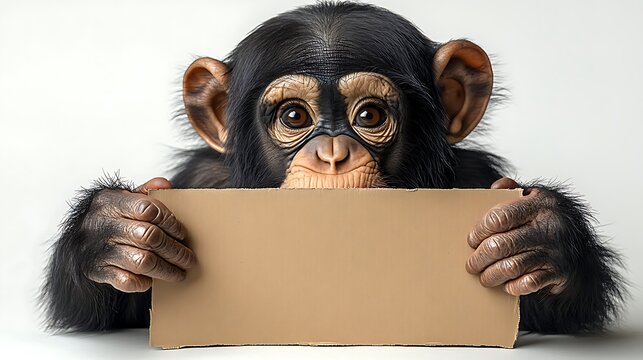 A chimpanzee is holding a blank cardboard sign with both hands, with its face blurred out, creating a humorous and intriguing image