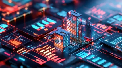 Obraz premium Futuristic cityscape miniature on a glowing circuit board.