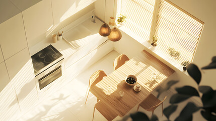 Obraz premium Stylish kitchen with top-down view and clean modern design.