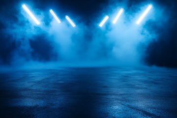 Fototapeta premium Blue Neon Lights Dark Studio Background Dramatic Moody Atmosphere Empty Concrete Floor Industrial Design Futuristic Scene Cinematic Lighting Digital Art 