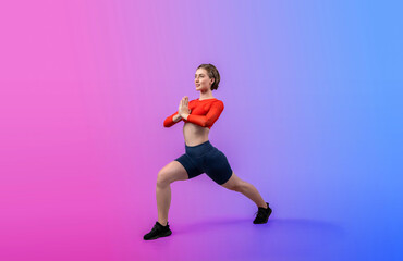 Full body length gaiety shot athletic and sporty woman doing healthy and meditative yoga exercise workout posture on isolated background. Healthy active and body care lifestyle