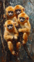 Obraz premium Group of monkeys swinging through the treetops of a tropical rainforest their agile bodies navigating the thick branches