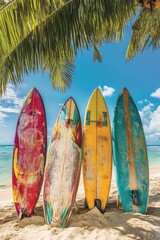 Four vibrant wooden surfboards of varying sizes and bright colors on a tropical beach