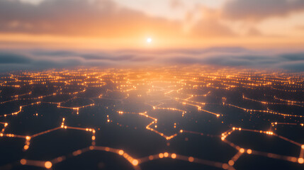 A futuristic design of hexagons connected by fine, glowing lines, floating against a soft, cloudy backdrop