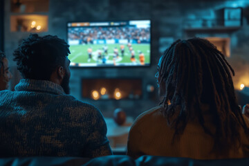 Group of friends enjoying a sports game on TV at a bar