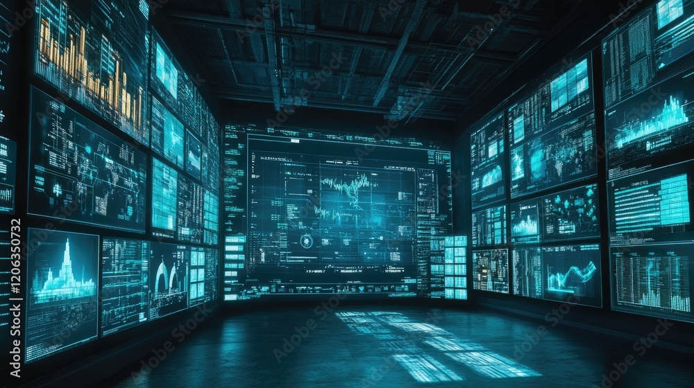 Aufkleber Futuristic Room Filled With Data Screens Displaying Complex Information
