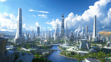 Futuristic Cityscape with Skyscrapers and Lush Green Spaces