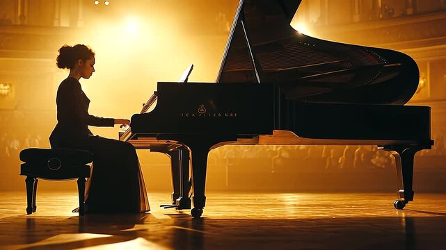 Female Pianist Performing on Grand Piano in Dimly Lit Stage
