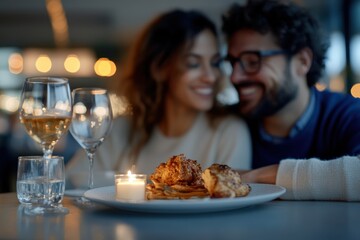 An intimate dining experience showcasing a couple enjoying their meal alongside glasses of wine and soft candlelight, highlighting joy and connection.