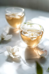 Refreshing herbal tea in double-walled glasses, adorned with delicate white blossoms on a marble surface, bathed in sunlight.