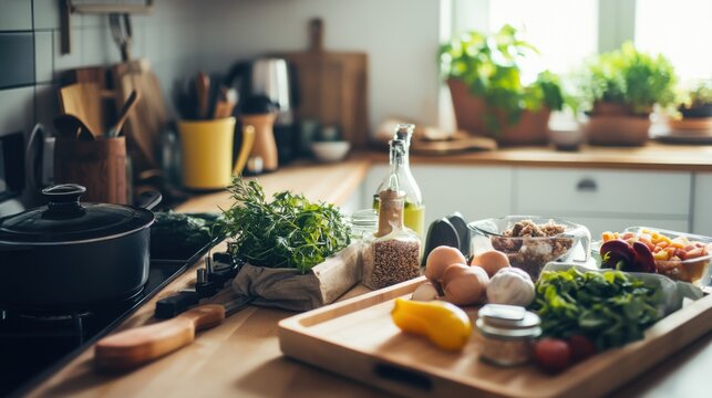 A keto meal kit assembly, on a kitchen counter, featuring prepped low-carb ingredients for easy cooking
