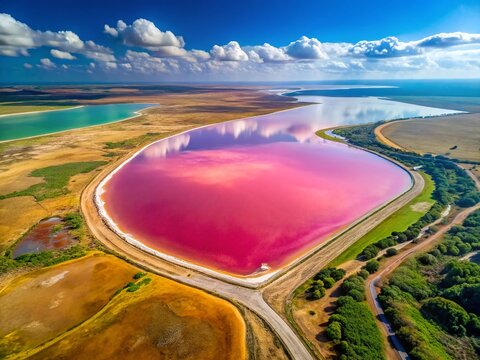 Stunning Pink Lake Aerial Panoramic, Evpatoria, Crimea Coastline