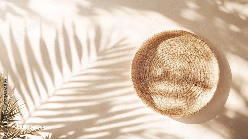 Poster empty round wicker basket with tropical palm leaf shadow on beige background