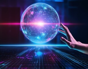 A hand reaching toward a floating holographic orb in a dark room