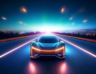 Naklejka premium A self-driving electric car with glowing lights traveling on a neon highway at night