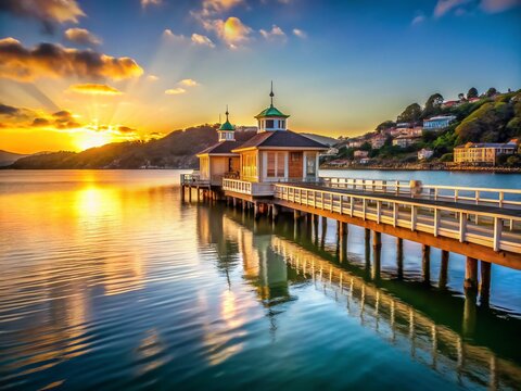 Stunning Tiburon Pier Sunset, California Bay Area Waterfront Architecture