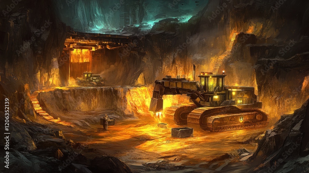 Poster mining machinery operates within a glowing subterranean cave