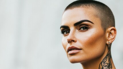 A woman with a shaved head and striking facial features poses confidently, showcasing her eye-catching tattoo on her neck, with a soft, neutral background enhancing the moment