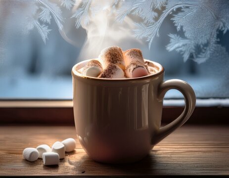 A close-up of a steaming mug of hot chocolate with marshmallows in front of a frosty window