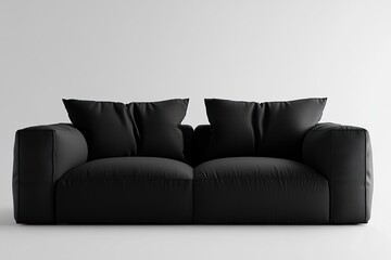 Fototapeta premium A clean and sleek black modern sofa with a minimalist design, featuring two black cushions placed symmetrically in the seating area.