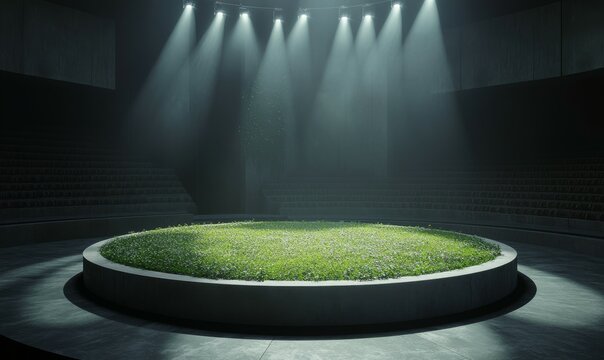 A circular stage with green grass and a concrete base illuminated by spotlights in a dark arena with stadium seating.