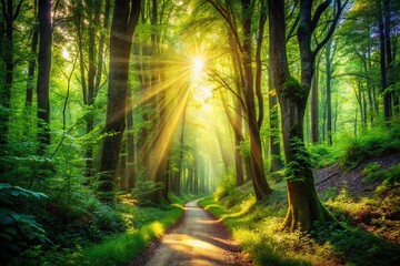 Obraz premium Sunlit Forest Path: Magical Double Exposure Photography