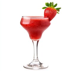 A fruity strawberry daiquiri with a strawberry garnish, displayed on an isolated white background, impressionism art style