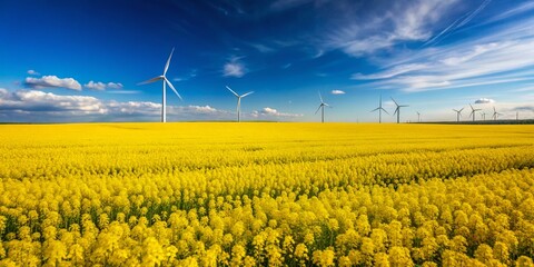 Sunny Day Landscape: Wind Turbines in Vibrant Rapeseed Field