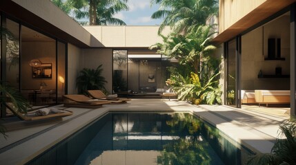 Fototapeta premium A modern villa with a pool and garden, featuring minimalist architecture on a sunny day.