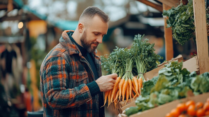 Man selecting fresh carrots at a vibrant farmers market in autumn