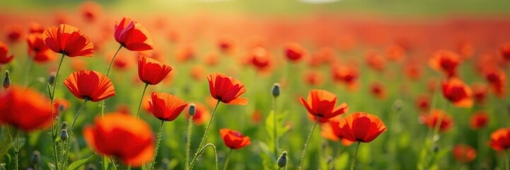 Rows of bright red poppies swaying in the breeze, grass, flowers, flowers
