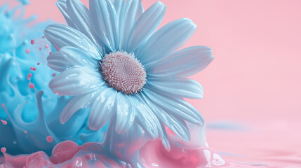 Obraz premium Macro photography of daisy flower on pastel pink background with colorful light blue and pink paint splashes, creative banner