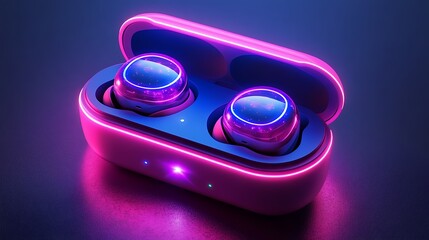 Wireless Earbuds in a Charging Case With Vivid Lighting Effects Displayed on a Dark Background